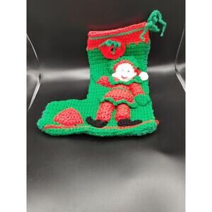 Handmade Knit Crochet 3 D Elf Christmas Stocking 14 In. tall Goggly Eyed